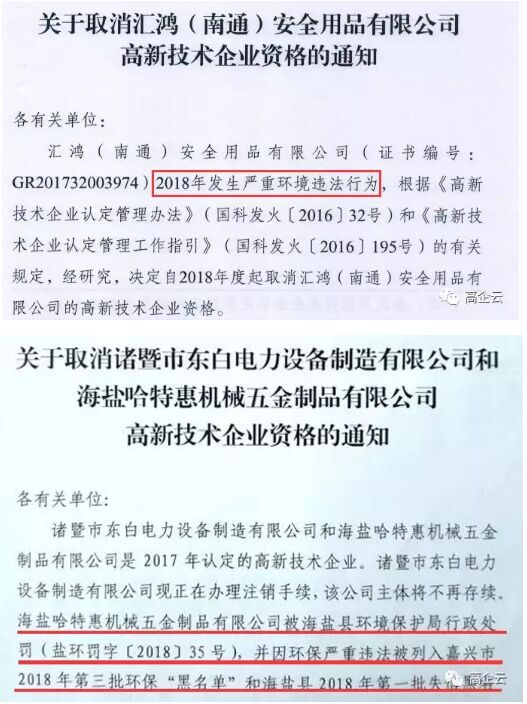 取消企业高新技术企业资格的通知